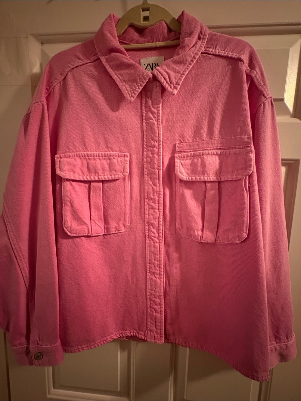 Zara Denim Cotton Oversized Utility Jacket, Bubblegum Pink, size Small. Like New